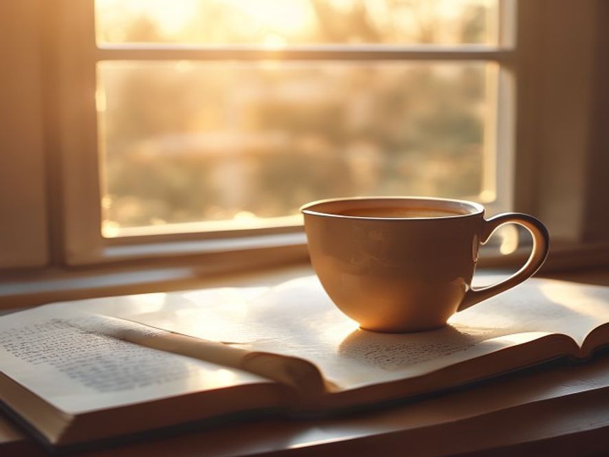Solig morgon vid ett fönster med kopp kaffe och anteckningsbok